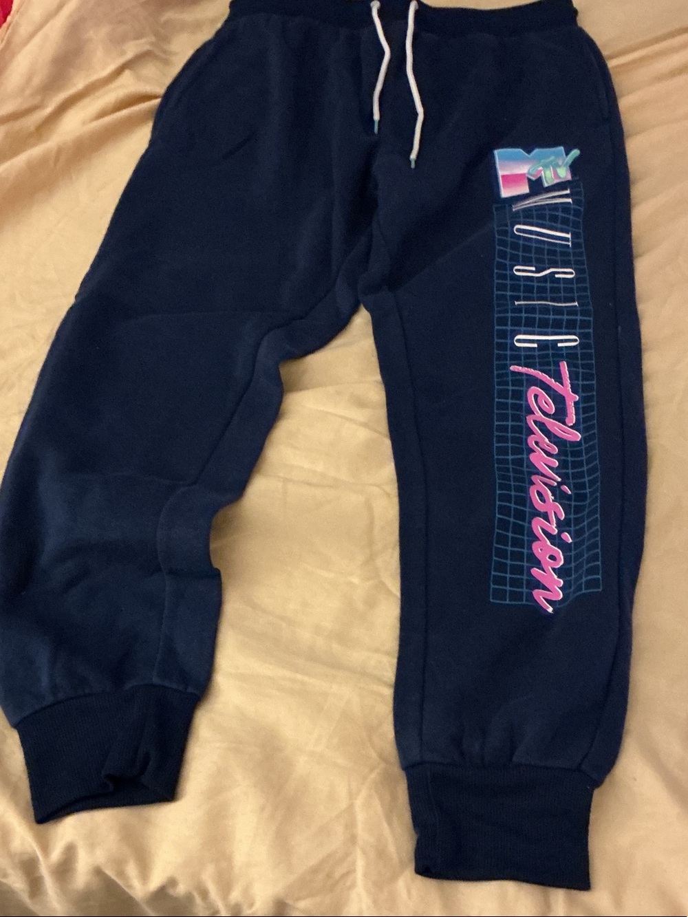 MTV Navy Sweatpants with Pink & Teal Retro Graphic